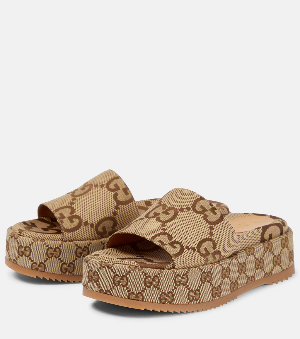 Gucci Women's Maxi GG Canvas Platform Slide Sandals Camel Brown